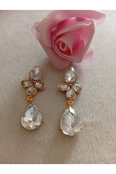 Pervin Ablacım Gold Handmade Earrings with White Stones