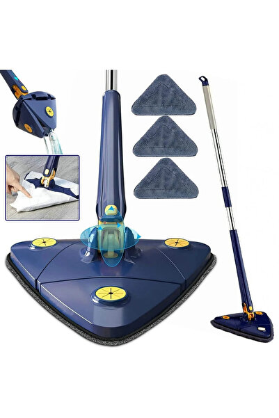 ESTRON Kendinden Sıkmalı Üçgen Mop Cam Duvar Yer Silebilen 3 Adet Yedek Mikrofiber Bezli Paspas
