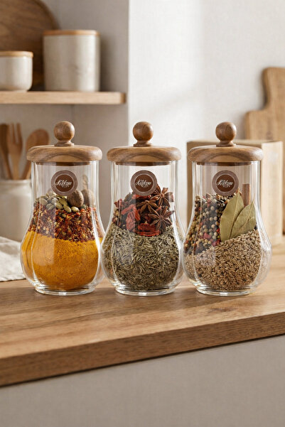 Kitchen Way Acacia Gasket Lid 3-Piece Glass Jar Set Storage Jar Kitchen Organ...