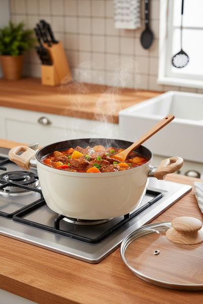 Masterchef وعاء سيراميك عميق 20 سم - مقلاة غير لاصقة بلون كريمي مع مقابض خشبي...