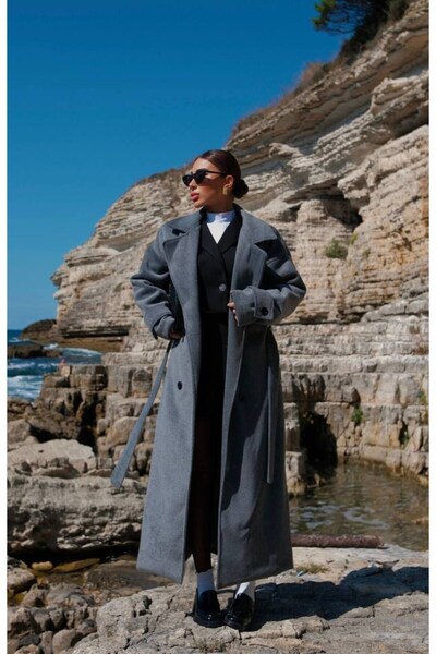 AKD Atelier Women's Long Stamp Coat Belted Buttoned Pocket Premium Stamp Coat