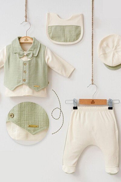 Cantoy Erkek Bebek Yelek Detaylı Papyonlu 5'li Müslin Set