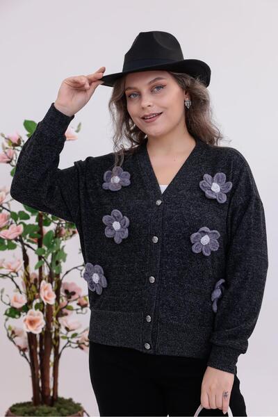 Siyezen Plus Size Floral Detailed Soft Cardigan