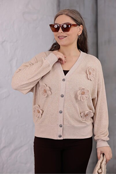 Siyezen Plus Size Floral Detailed Soft Cardigan