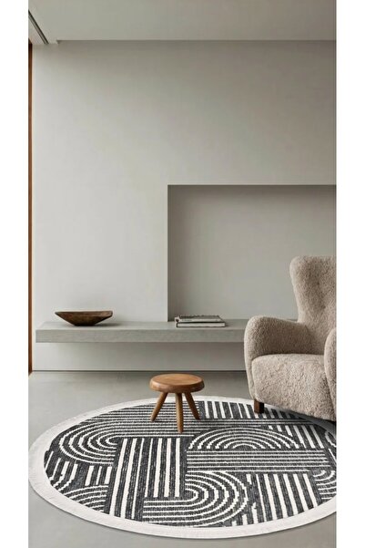 Halispecial Raye-Antrasit-Yuvarlak-Salon-Oturma Odası-Mutfak-Modern-Kilim-Yık...