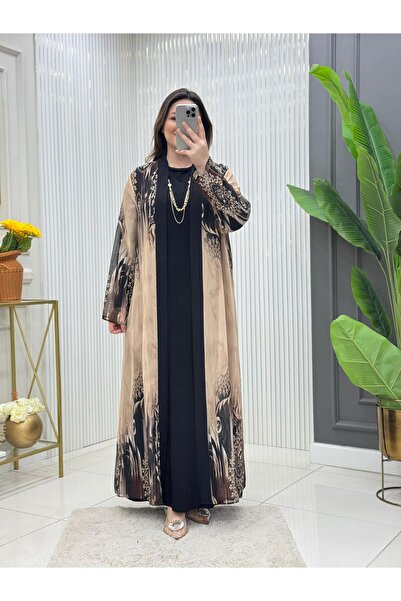 Modam Bella Plus Size Kimono & Beige Pattern Detailed Dress Set