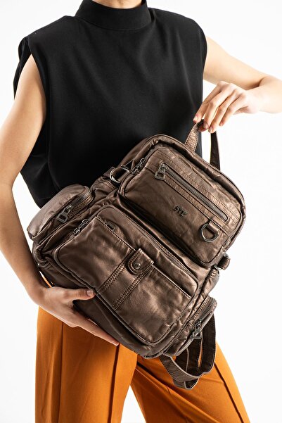 571 Collections Çanta Washed Leather Backpack (Polyurethane) Bronze Model:(57...