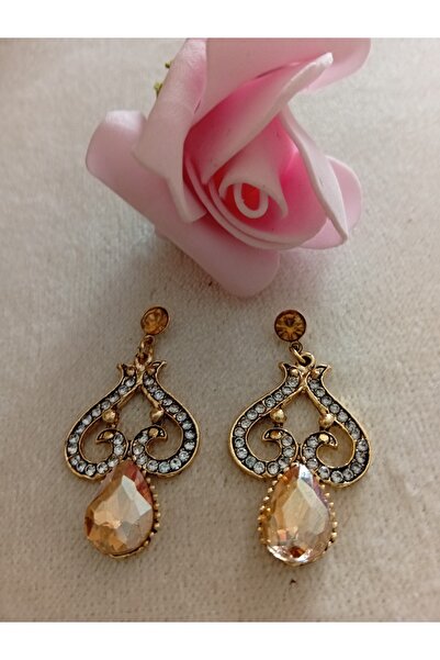 Pervin Ablacım Beige Colored Stone Dangling Earrings Handmade Gold