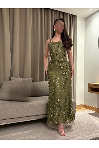 TOP BERLANTY Luxurious "olive" evening dress - fully hand-beaded
