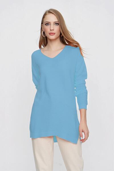 TENA Women's Baby Blue V-Neck Casual Knit Sweater