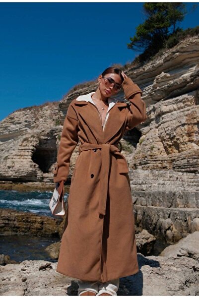 Potenza Women's Long Stamp Coat Belted Buttoned Pocket Premium Stamp Coat