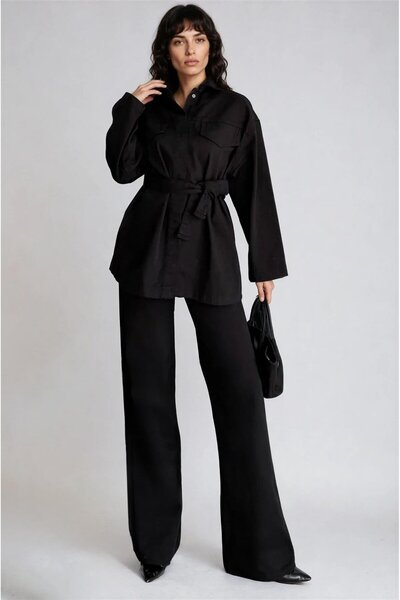 Trend Alaçatı Stili Women's Black Tie-Up Shirt and Palazzo Pants Denim Suit w...