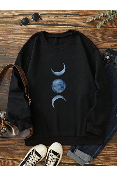 Kids Hanorac unisex pentru copii, cu imprimeu cu lună plină și semilună, negru