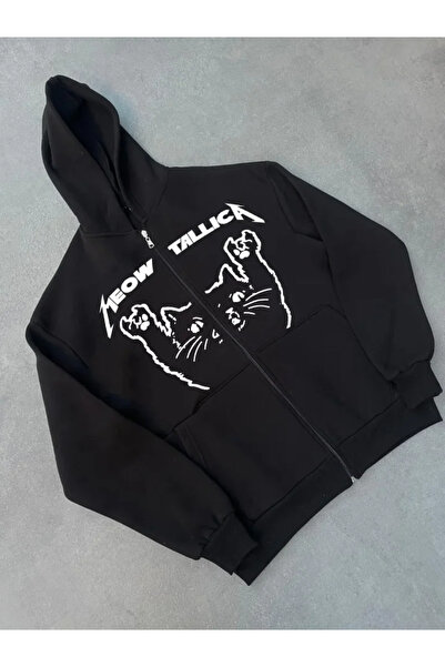 Kanonik Education Winter Printed Zippered Hooded Cardigan - Black