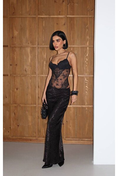 huhu Long Patterned Satin Skirt