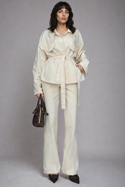 Trend Alaçatı Stili Kadın Krem Bağlamalı Gömlek Ve 5 Cepli Palazzo Pantolon D...