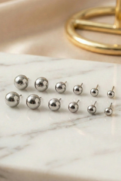 AURRARİ Silver 6 Double Ball Steel Earrings