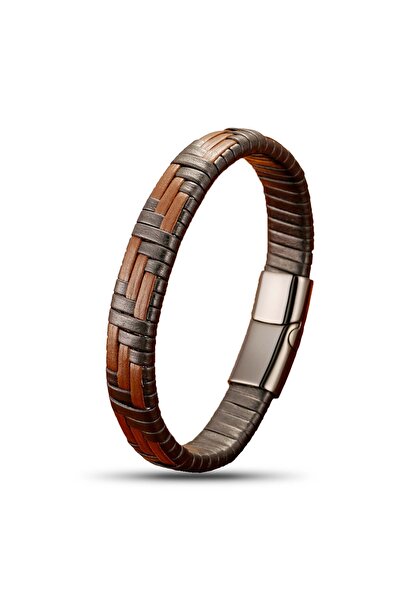 FM Brown and Black Leather Braided and Steel Bracelet 31833B9D1