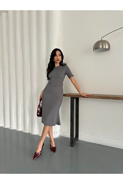 LE CARAMBOLE Women's Anthracite Belt Detailed Thessaloniki Fabric Dress