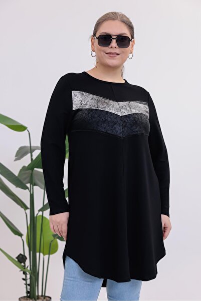 Siyezen Plus Size Silver Detailed Tunic Blouse