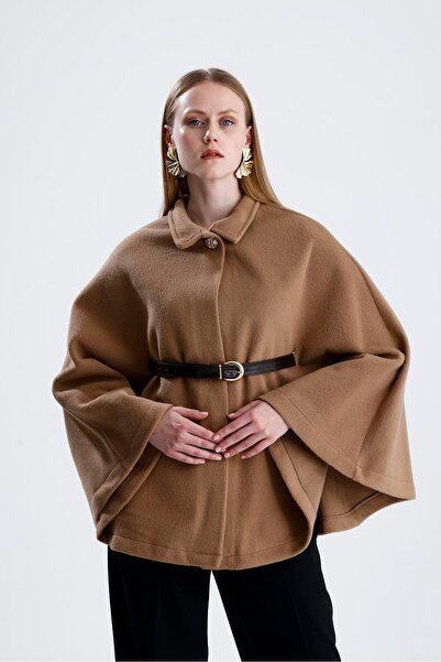 VELİZADE Poncho din piele Camel Cashmere pentru femei, cu curea, îmbrăcăminte...