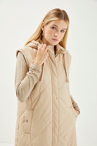 Zühre Hooded Pocket Detailed Stone Leather Vest Y-0075