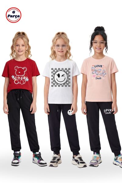FYK KİDS 3-Piece Round Neck T-Shirt with Print Detail Girls' 6-Piece Top and ...