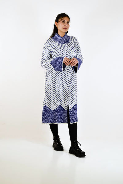 Sementa Mock Neck Snap Fastener Striped Long Knit Cardigan Bone Indigo