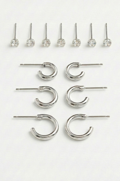 AURRARİ Silver Mini 3 Double Hoop and 6 Zircon Stone Earring Set