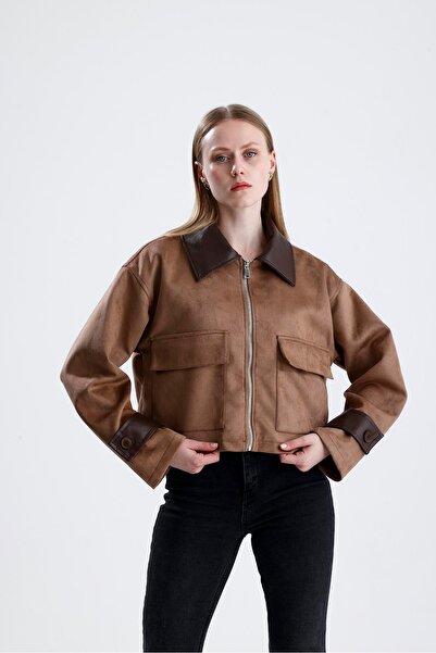 VELİZADE Jachetă scurtă cu fermoar, cu aspect de piele de căprioară, pentru f...