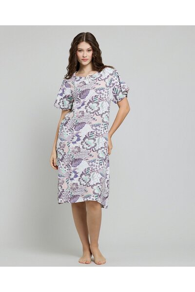 R&B Patterned Nightdress with Crew Neck and Short Sleeves
