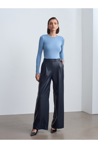 Dilvin 72238 Faux Leather Wide Leg Trousers-Navy Blue