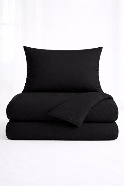 İQON Flat Duvet Cover+Pillowcase Set 100% Cotton Single Size Black-Black