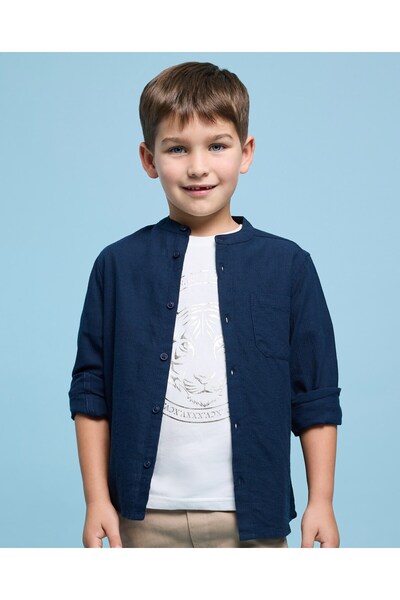 R&B قميص سادة بياقة ماندرين وأكمام طويلة