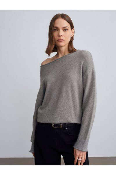 Dilvin 10854 Pulover cu textura moale cu gât barcă-gri