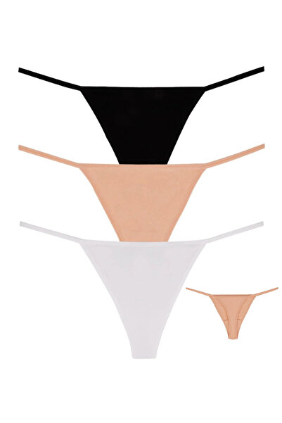 Dominant Kadın 3'lü Paket Pamuklu Esnek Tanga Seti - Siyah Ten Beyaz