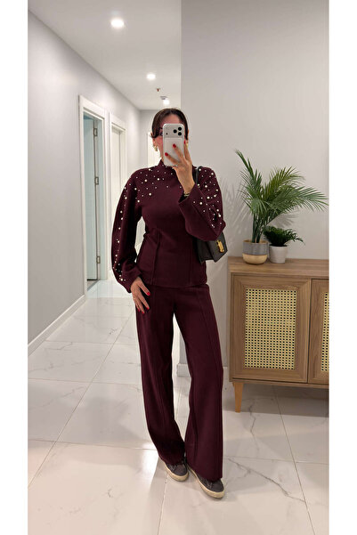 BİRCANÇİL Zr Wuss Burgundy Pearl Detailed Knitwear Trouser Set