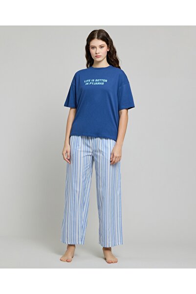 R&B Women Dark Blue Striped Pyjama Set
