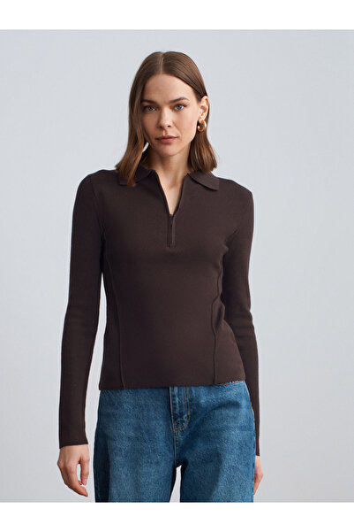 Dilvin 10862 Cashmere Blend Zip-Up Sweater-Dark Brown