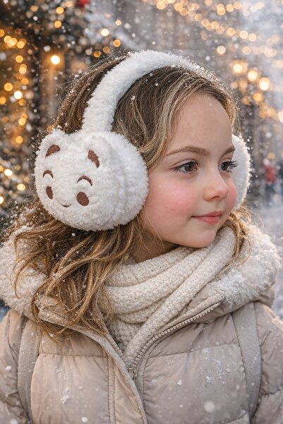 TAKIŞTIR غطاء للأذنين من القطيفة باللون الأبيض مع شكل الدبدوب