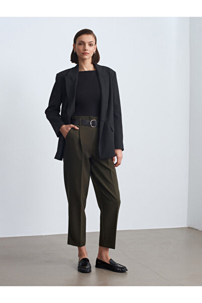 Dilvin 72241 Belted High Waist Trousers-Khaki