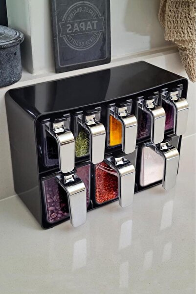 Digithome Sekizli Standlı Baharatlık Seti Krom Kulplu Siyah Kapak