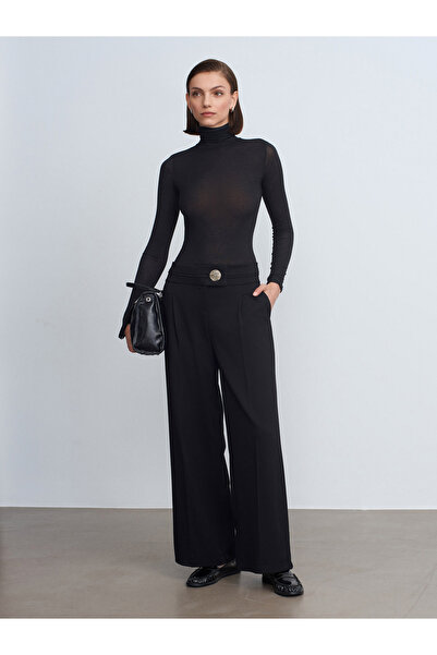 Dilvin 72244 Παντελόνι με φαρδύ πόδι με χρυσά κουμπιά-Μαύρο