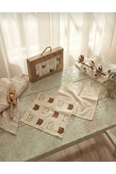 MiniBou Bebek Soft Penye Ağız Mendili Kedi Desenli - 7 Li - Ekru %100 Pamuk