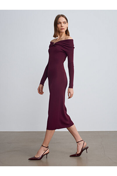 Dilvin 90261 Off-The-Shoulder Bow Detail Knit Dress-Burgundy