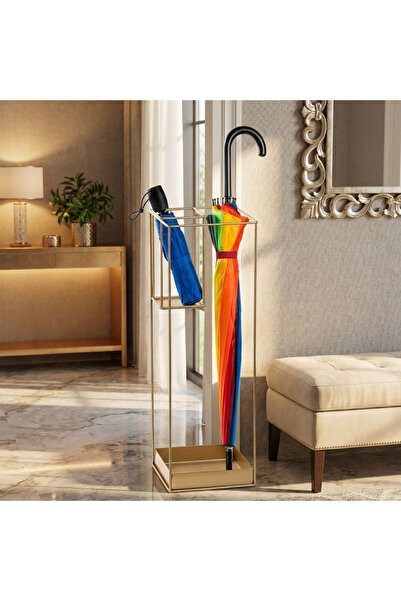 MOİRA Altın Gold Metal Şemsiyelik Kısa Şemsiye Bölmeli Kare Tasarım Antre Sta...