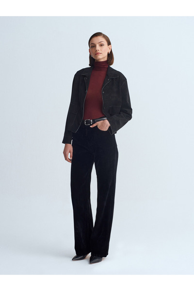 Dilvin 72108 Velvet Wide Leg Trousers-Black