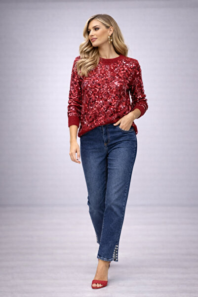 günay boutıque Red Sequined Knitwear Sweater – Long Sleeve Round Neck Stylish...