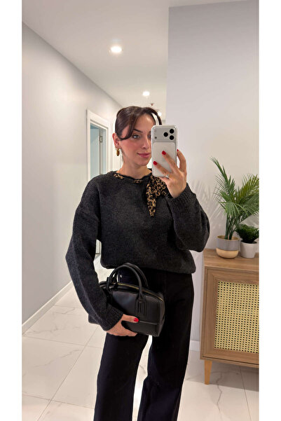 BİRCANÇİL Montana Dark Anthracite Collar Knitwear with Scarf