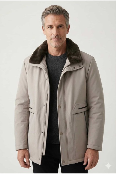 uppstairs Fur Collar Beige Men's Coat